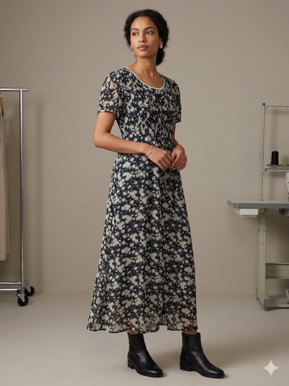 Karin Steven’s Size 8 Floral Short-Sleeve  Midi  Dress - Black & Cream
Vintage